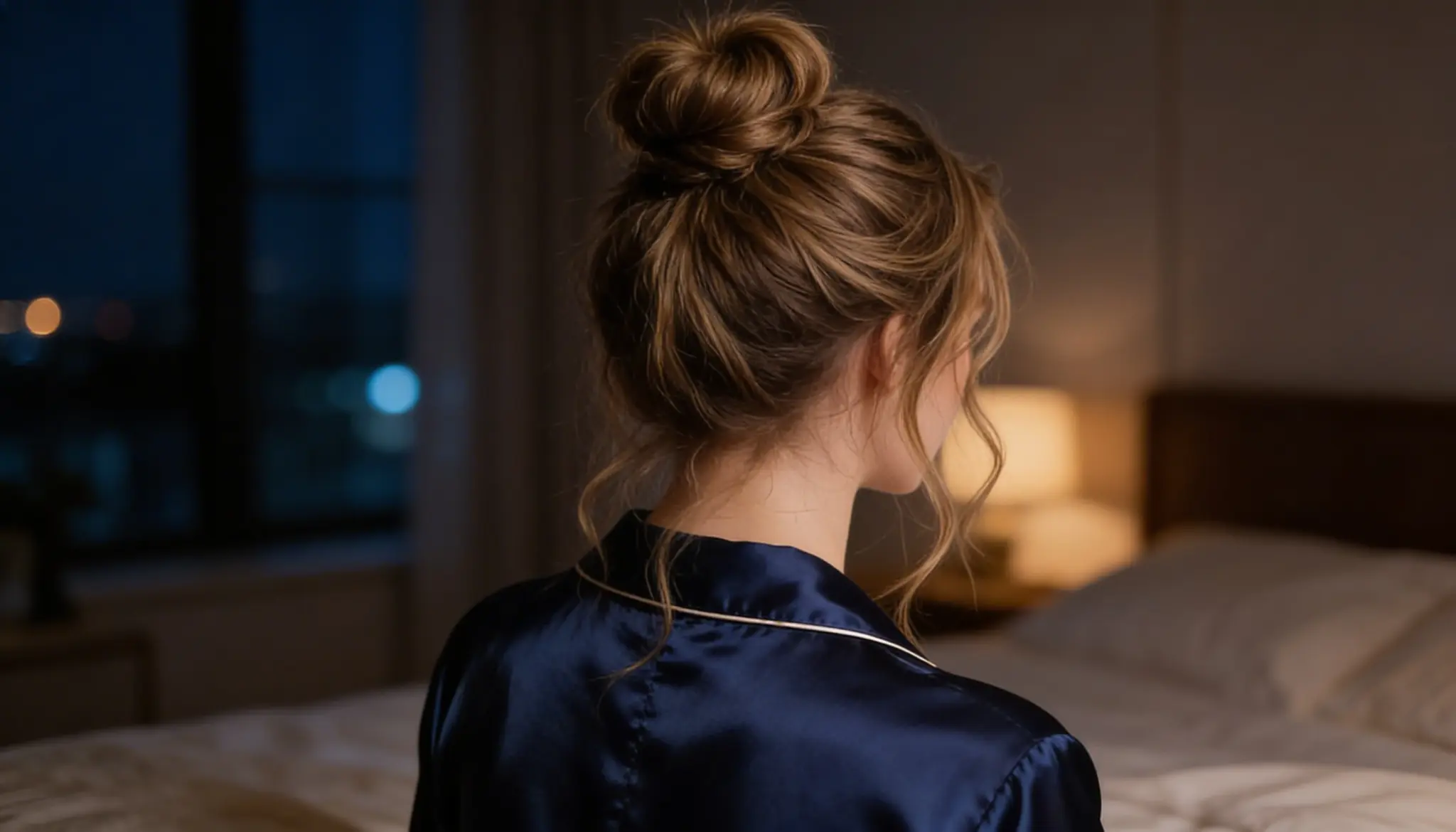 A woman wearing a blue robe featuring a pineapple updo hairstyle to protect her hair overnight