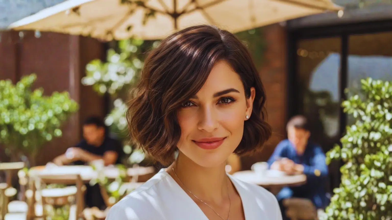 A woman wearing a white shirt stands outdoors, showcaing about the 2.5 rule for short hair