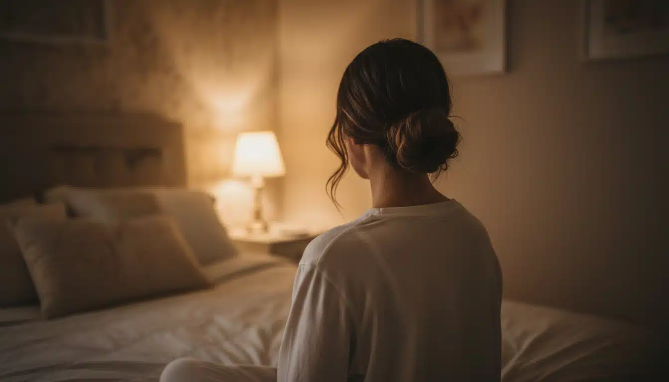A woman with a loose low bun in a softly lit room at night, her hair styled for protection