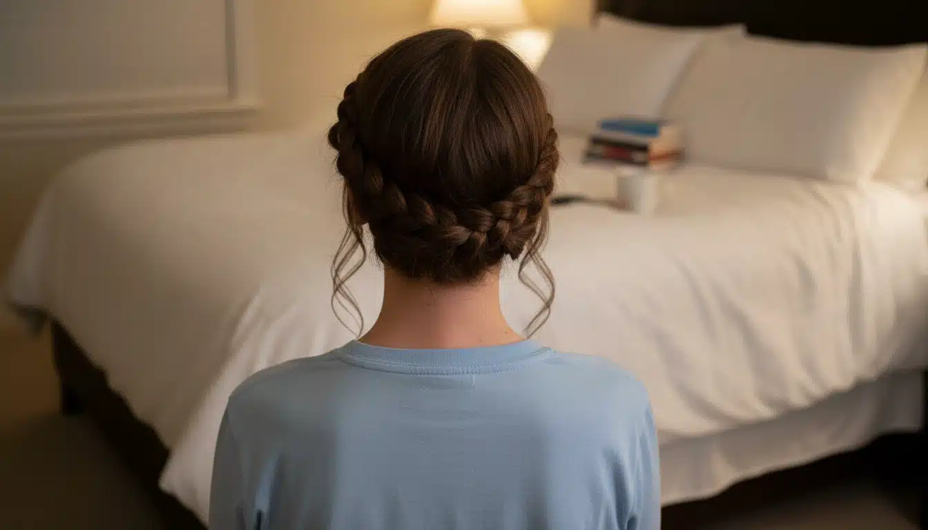 A woman with a protective braided crown hairstyle sits by a bed