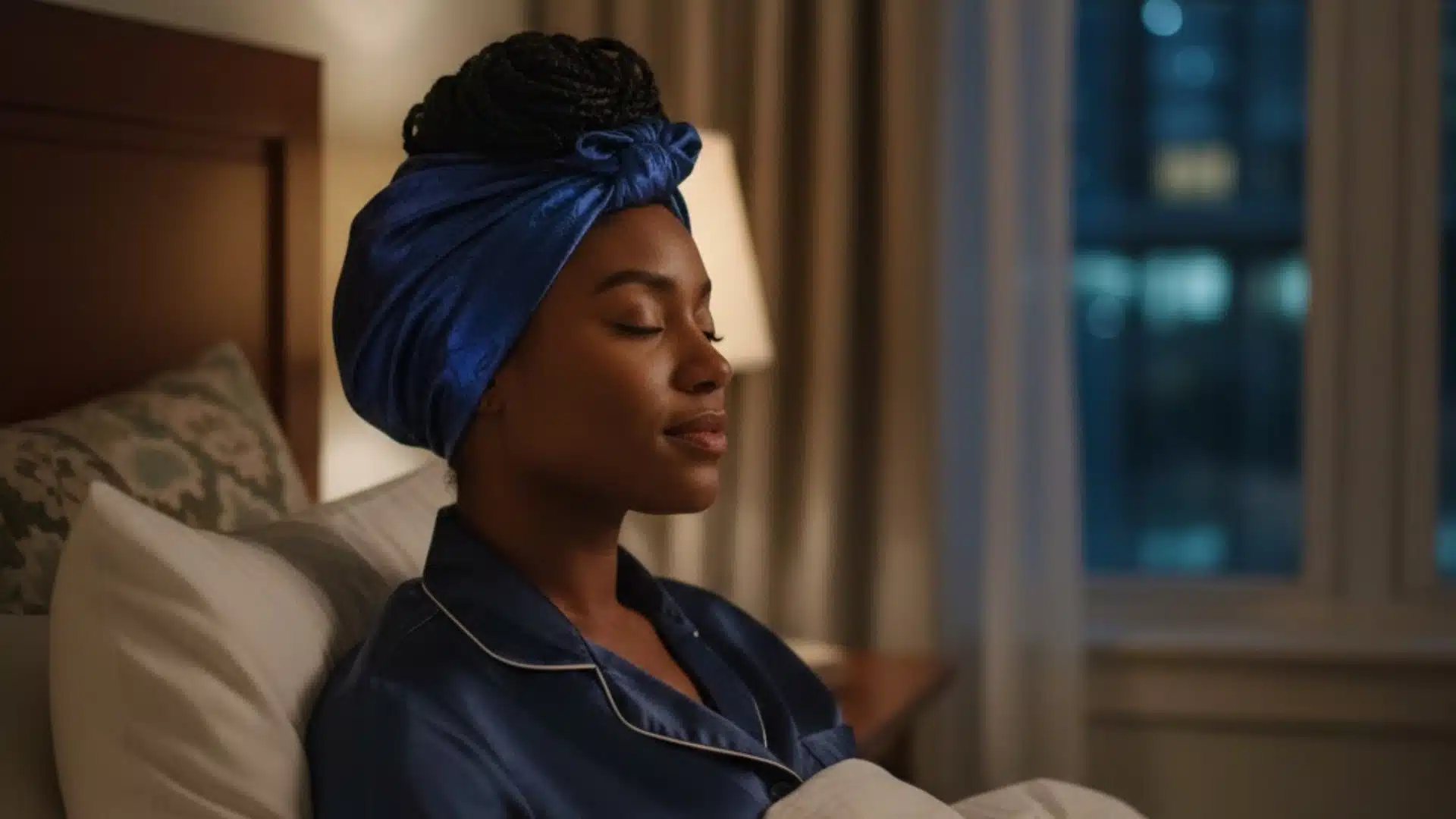 A woman with a satin scarf wrapped around her hair to protect it from damage
