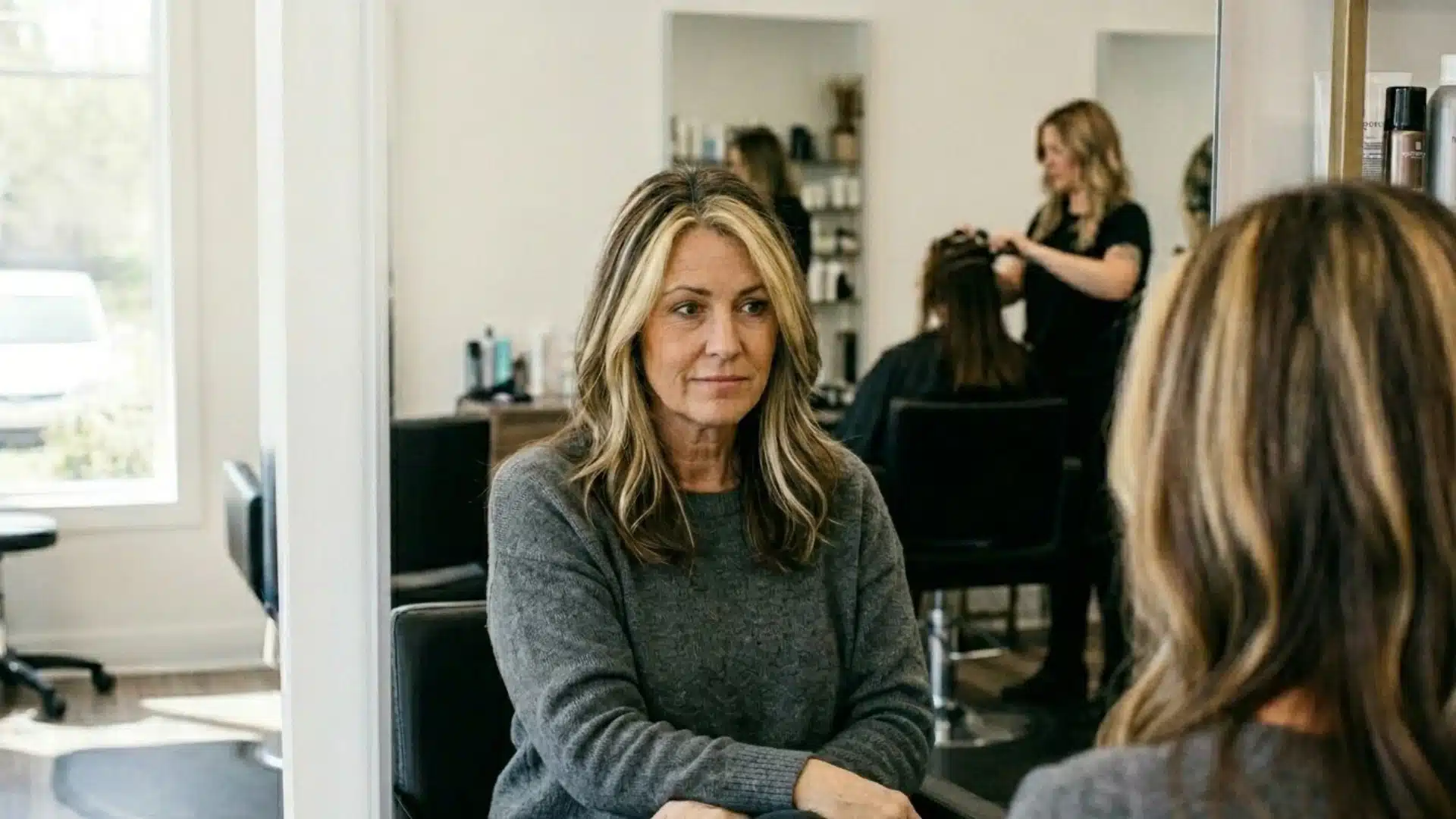 A woman with balayage hair sitting in a salon chair, looking relaxed during her hair treatment