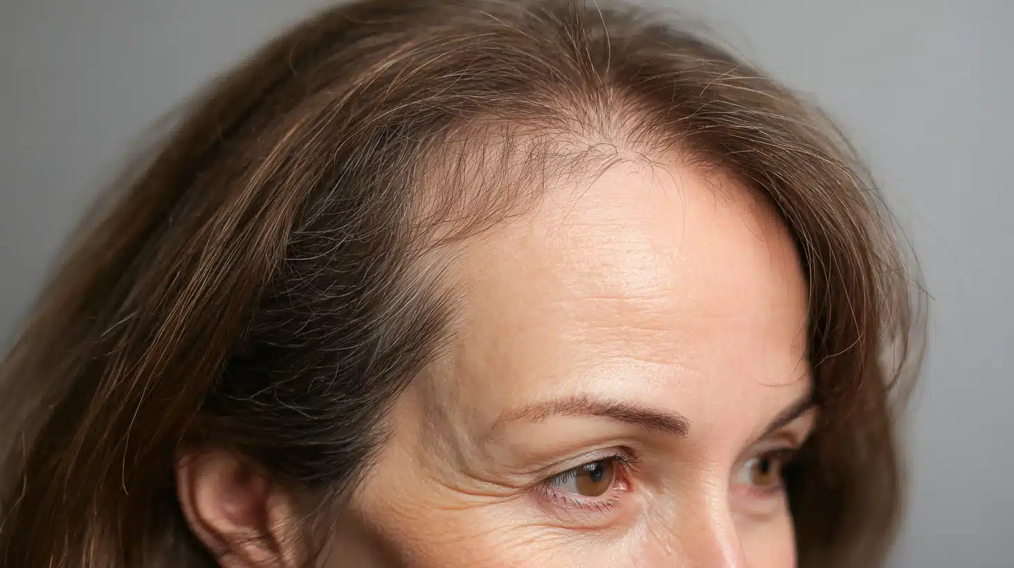 A woman with brown hair, close-up view highlighting hair thinning and baldness due to androgenetic alopecia
