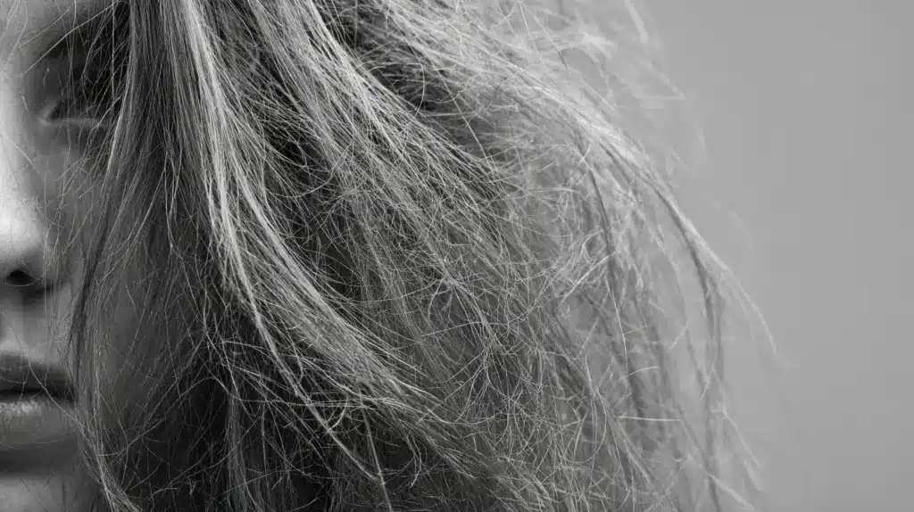 A woman with curly, frizzy hair due to leave-in conditioner gazes at her reflection in the mirror.