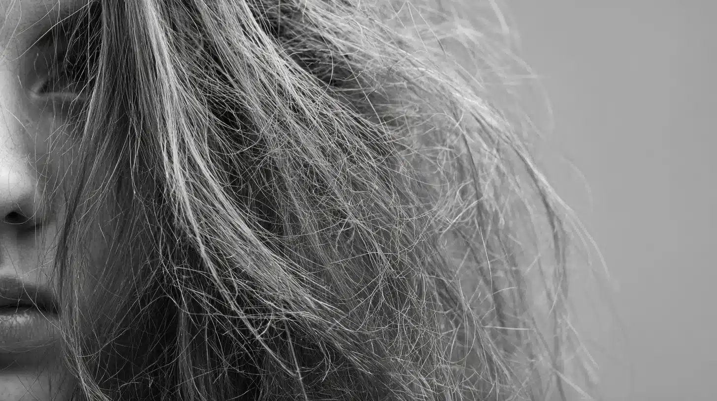 A woman with curly, frizzy hair due to leave-in conditioner gazes at her reflection in the mirror.