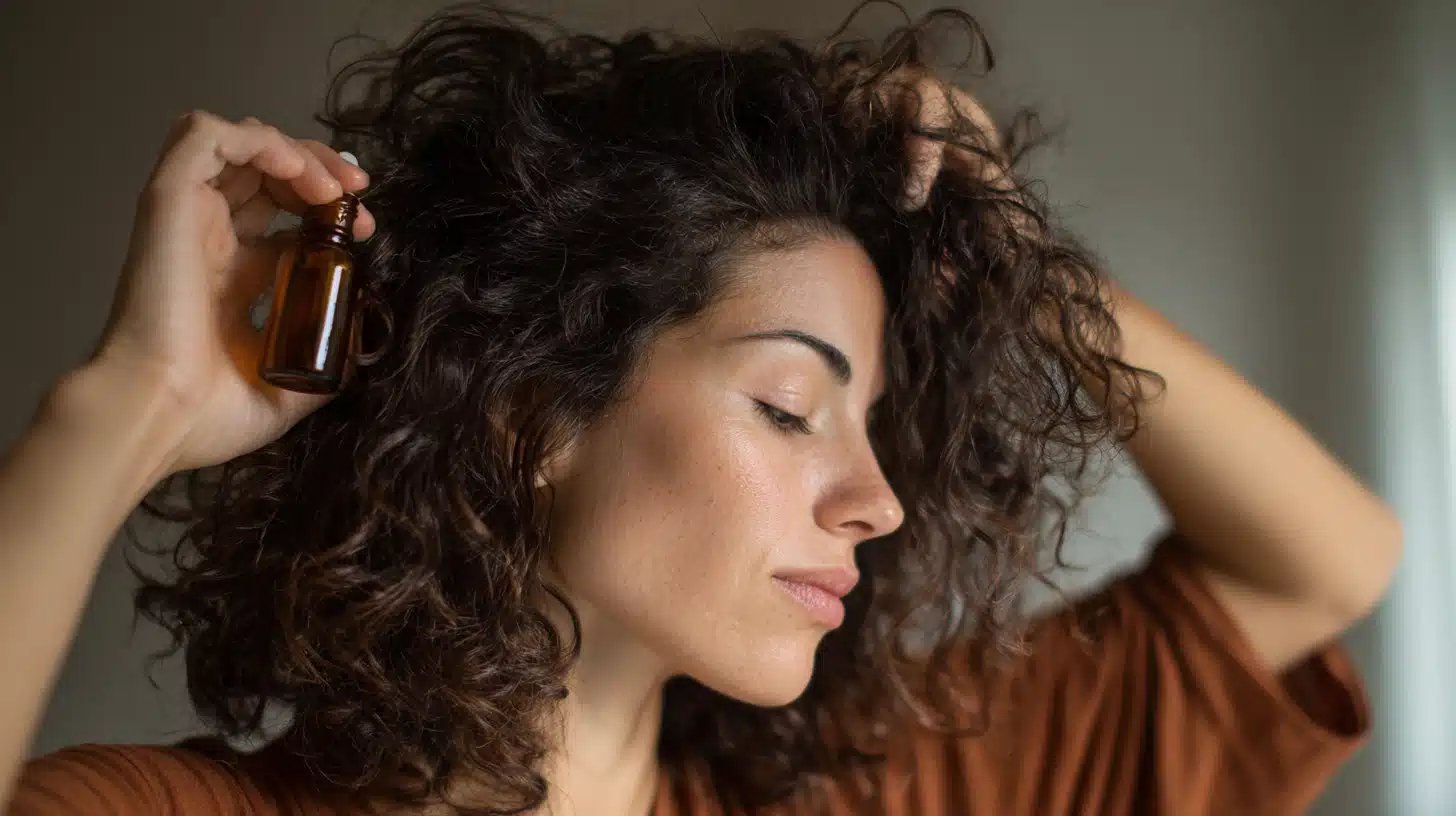 A woman with curly hair gently applying oil to her hair for self care