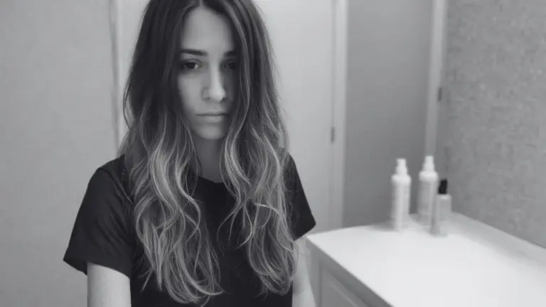 A woman with long hair contemplating the risks and reversal of balayage hair treatment