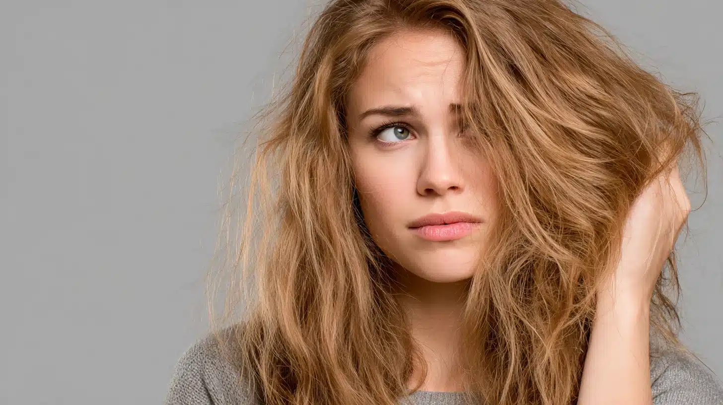 A woman with long hair examines her damaged hair, which shows signs of over washing and lack of care