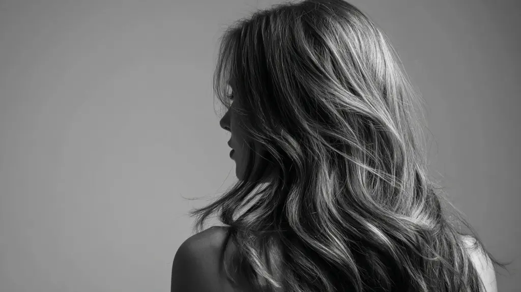 A woman with long hair gazes away from the camera, her profile softly illuminated