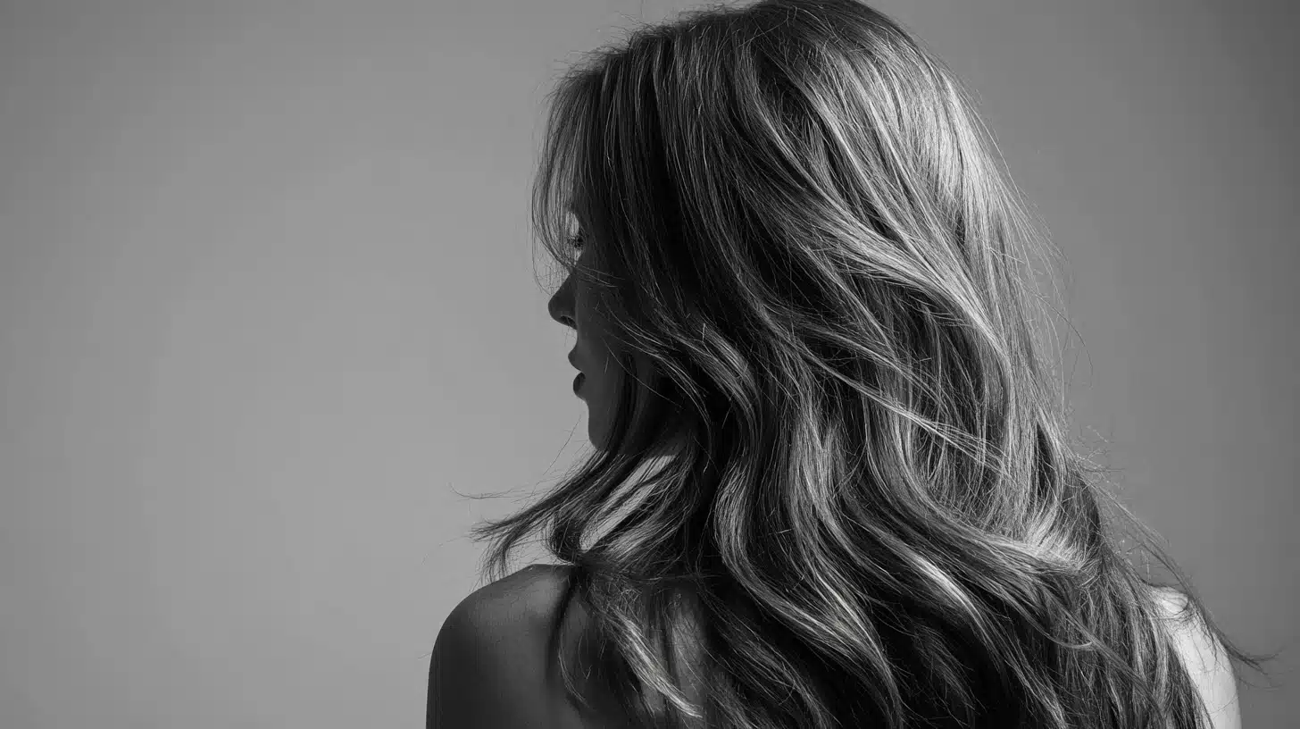 A woman with long hair gazes away from the camera, her profile softly illuminated