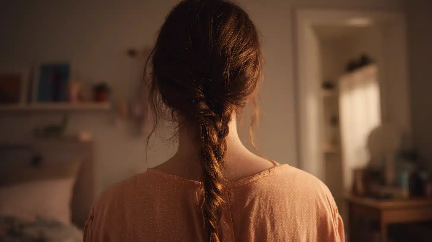 A woman with long hair styled in a low ponytail, designed to protect her hair