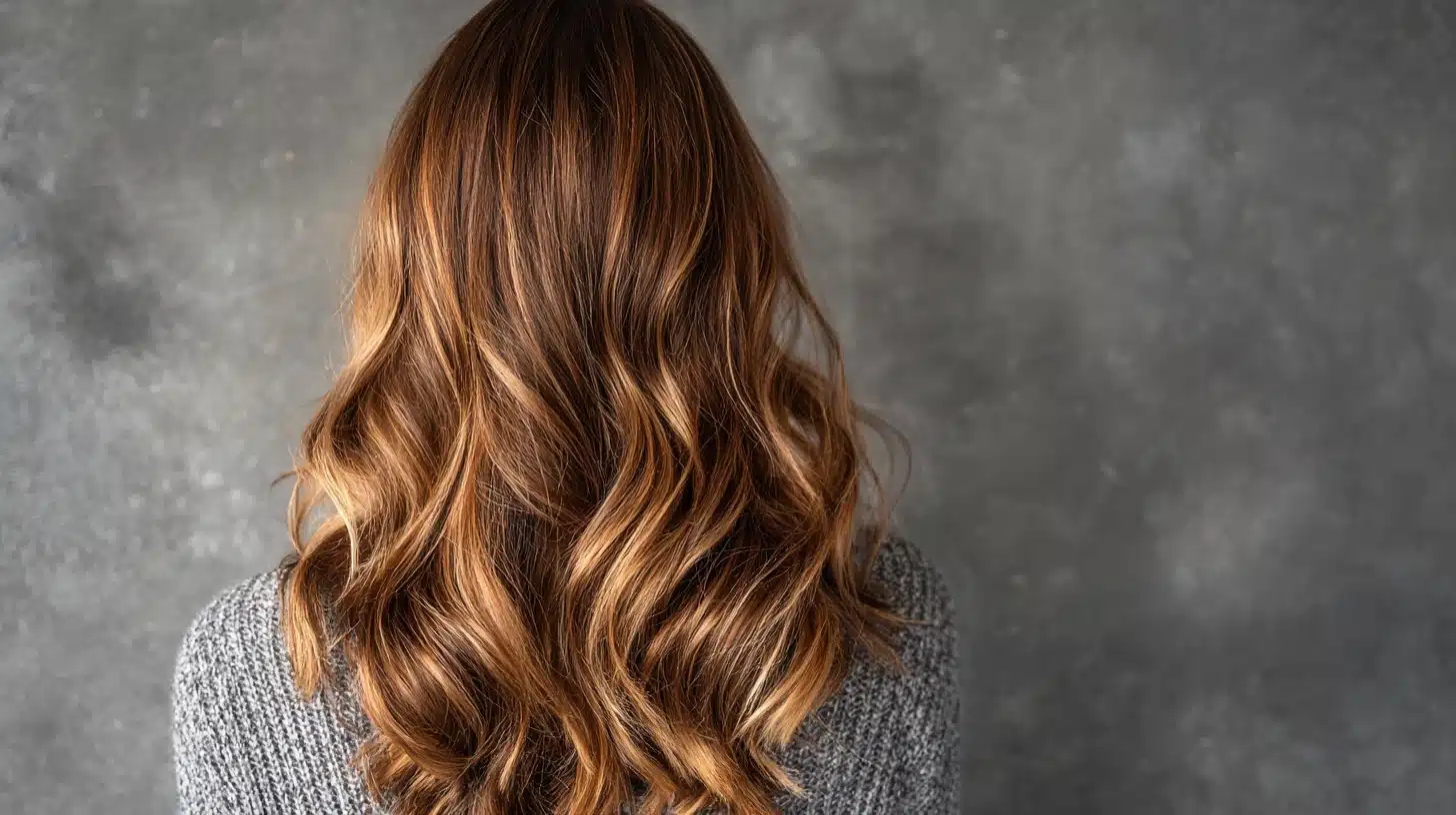 A woman with long wavy hair and balayage highlights viewed from the back, illustrating the least damaging way for highlights