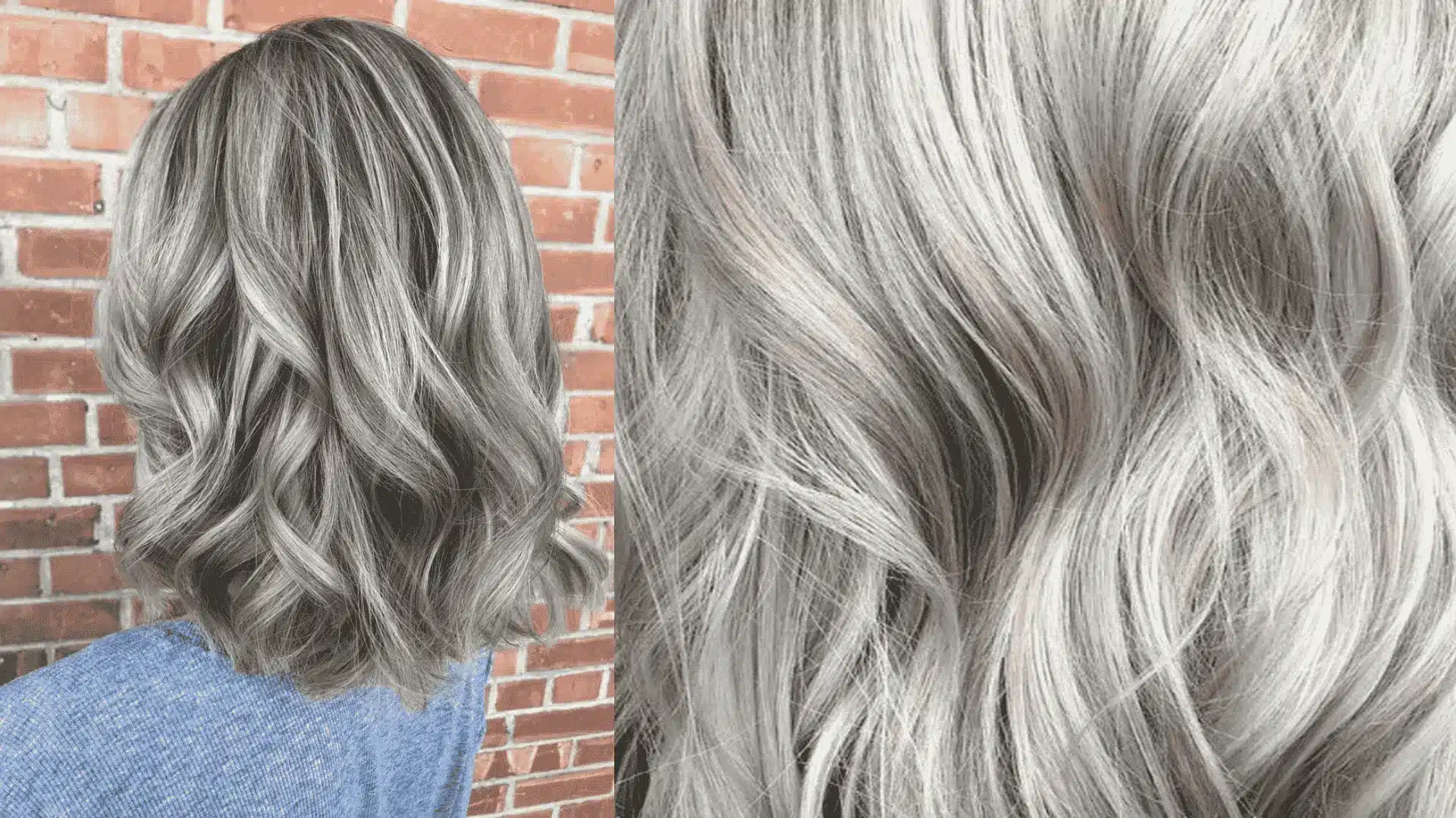  A woman with long, wavy hair styled to showcase highlights for grey hair