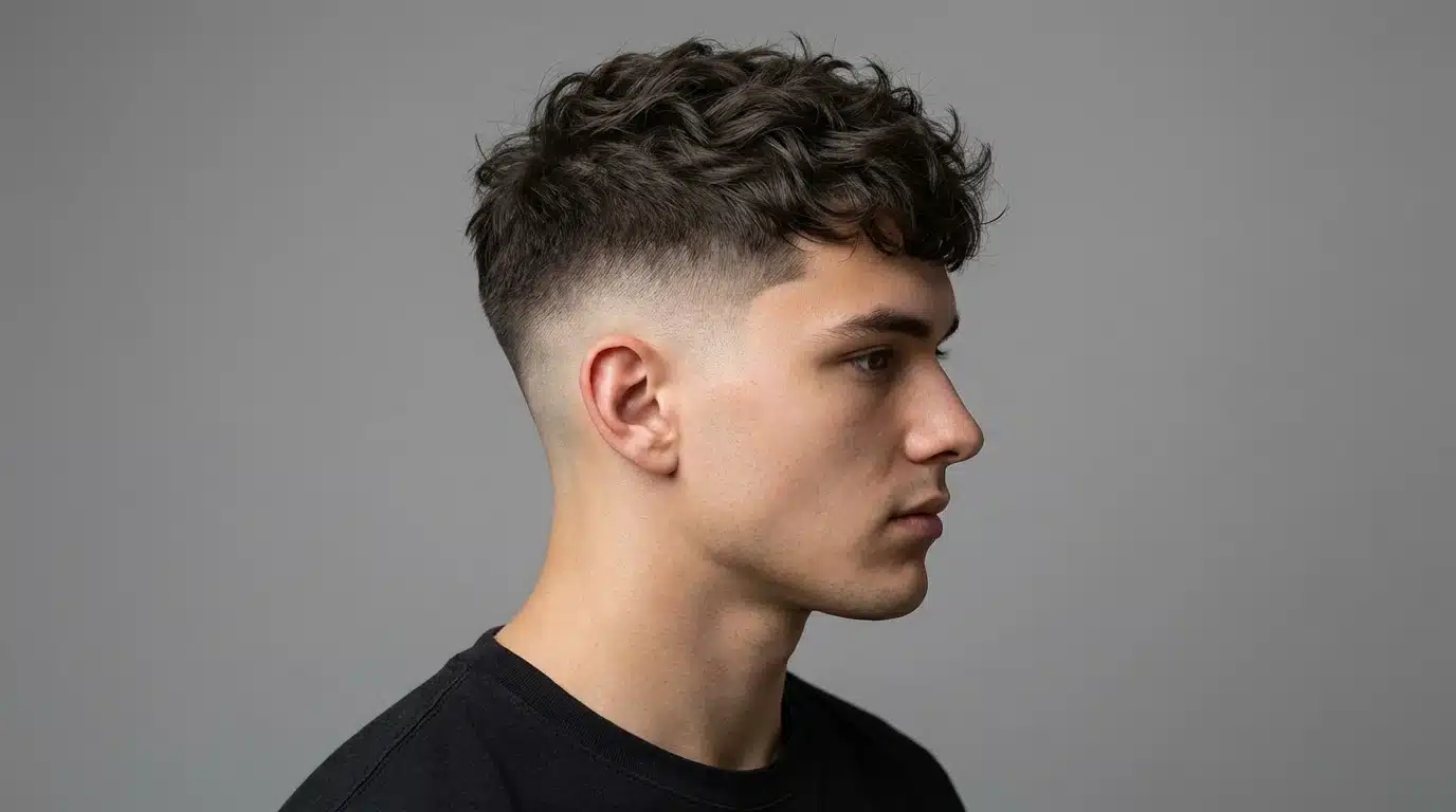 A young man sporting a low taper haircut with long, wavy curls on top, presenting a trendy hairstyle