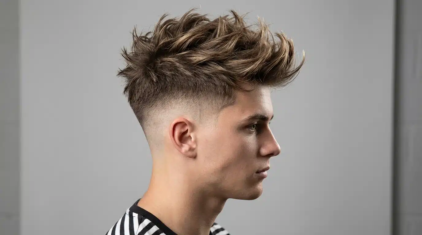 A young man sporting a mohawk with a mid taper fade and a stylish textured crop