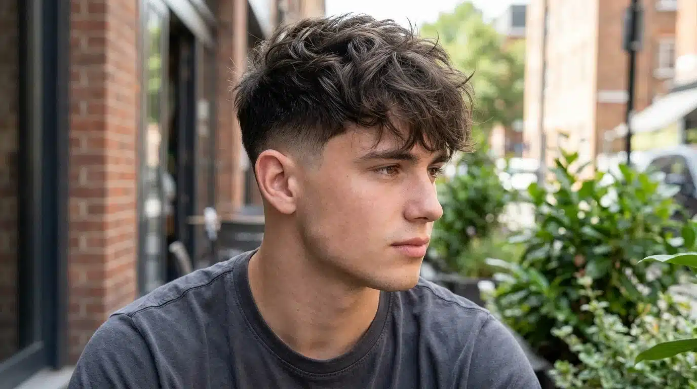 A young man with a short taper fade and messy fringe is seated outdoors, relaxed in a natural setting