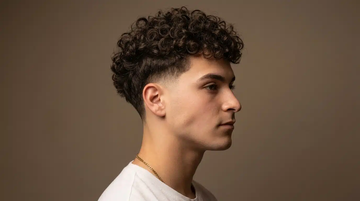 A young man with curly hair looks sideways, showcasing his quiff hairstyle