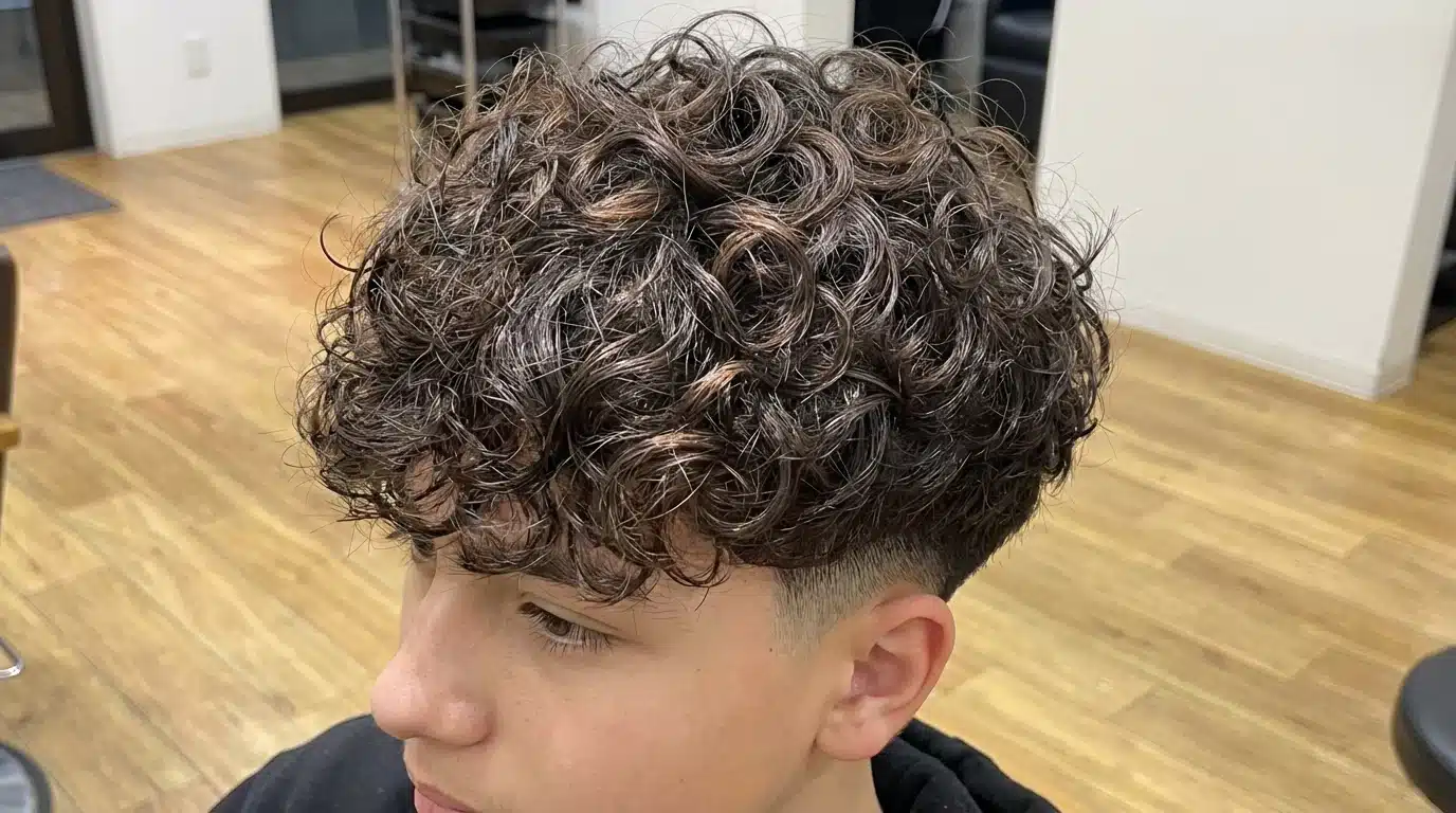 A young man with curly hair sits in a salon, showcasing a taper fade with a textured fringe hairstyle