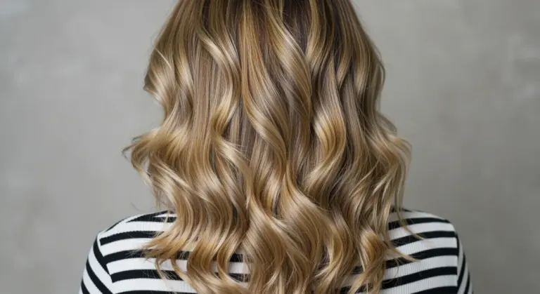 Back view of a woman with medium-length, wavy blonde hair featuring caramel highlights against a plain light gray background