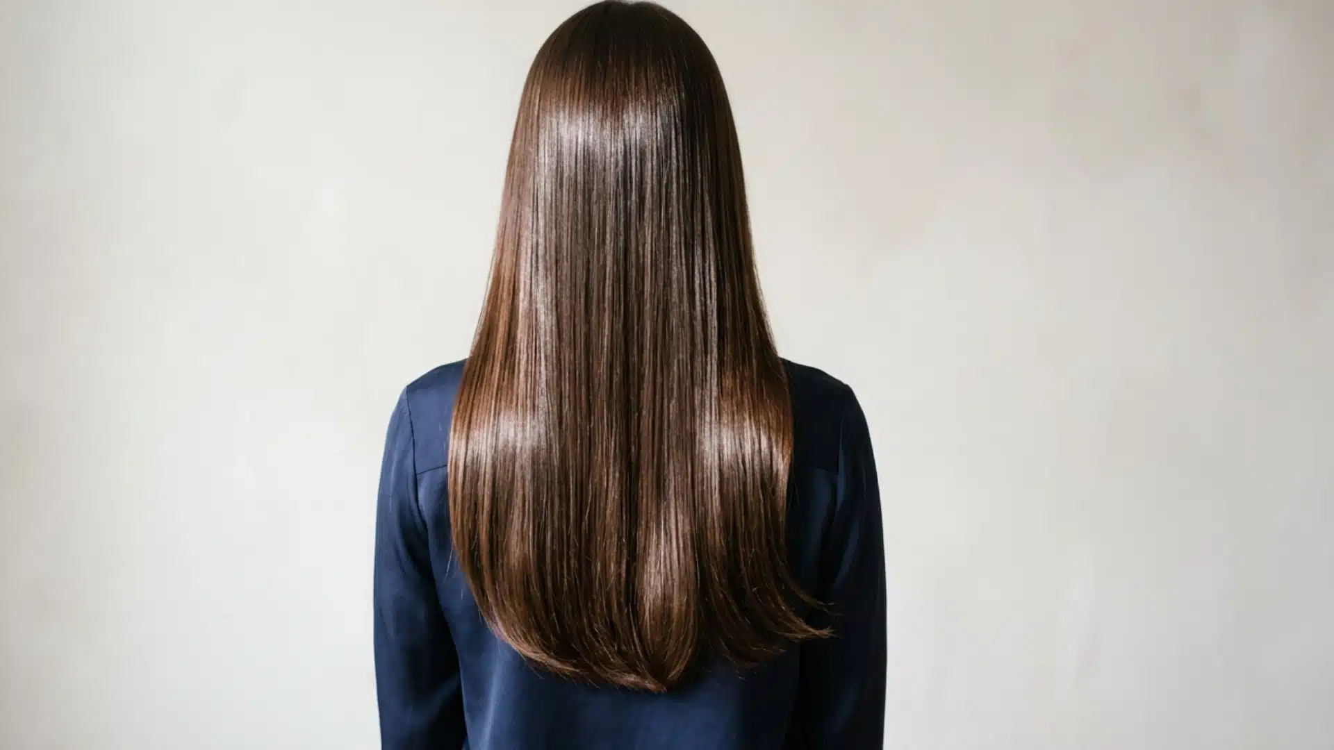 Back view of long brunette hair with glossy finish showing enhanced shine and smooth texture after hair glossing treatment