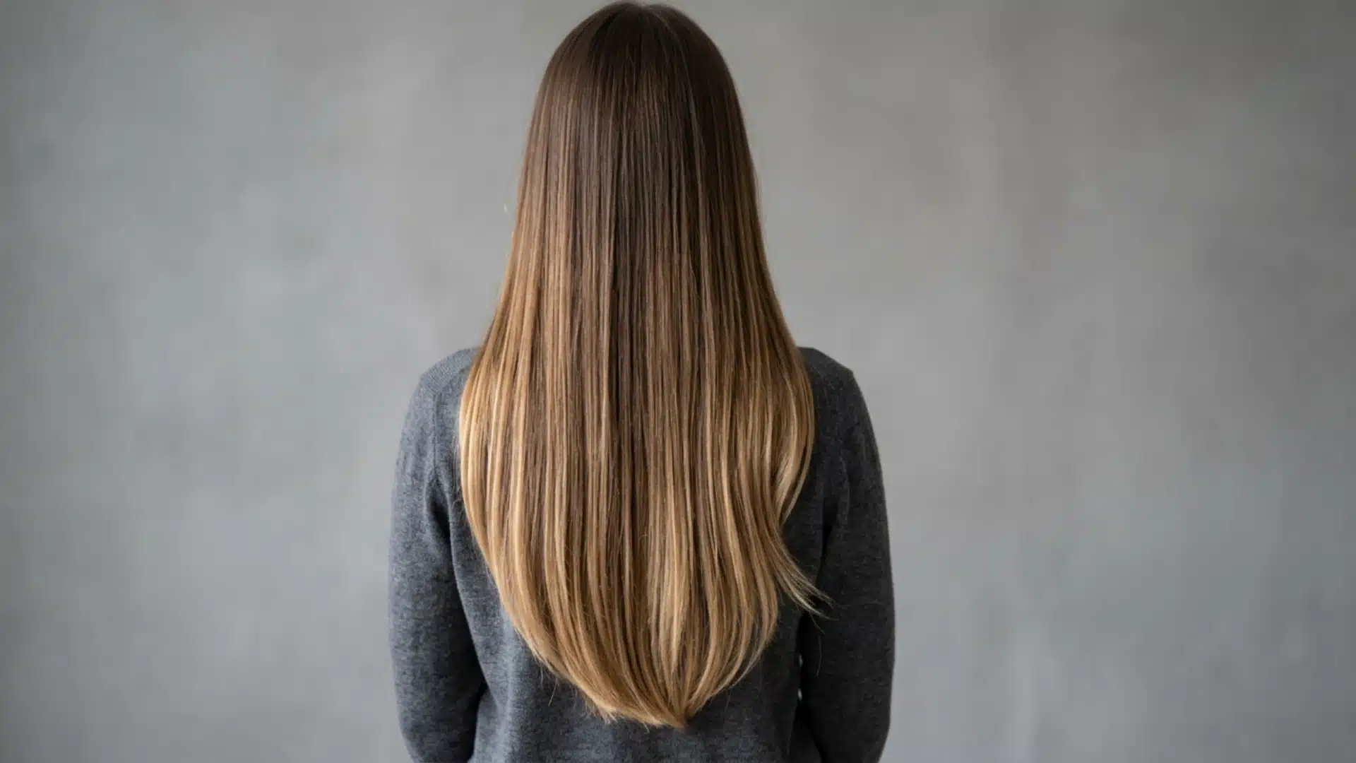 Back view of long straight brown hair with soft golden blonde balayage creating natural blended highlights against a neutral background