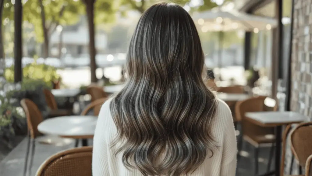 Back view of woman with wavy brown hair featuring silver highlights, perfect for cool and neutral skin tones