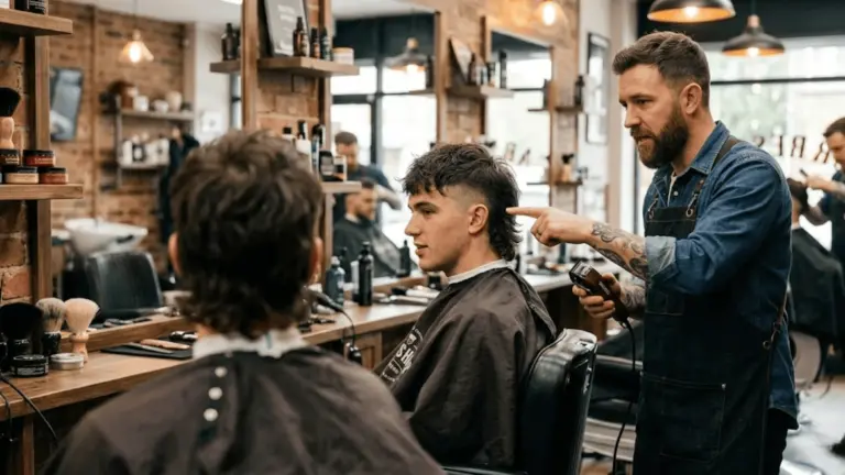 Barber Guide Exact Words to Ask for a Mullet Style shown in barbershop consultation scene