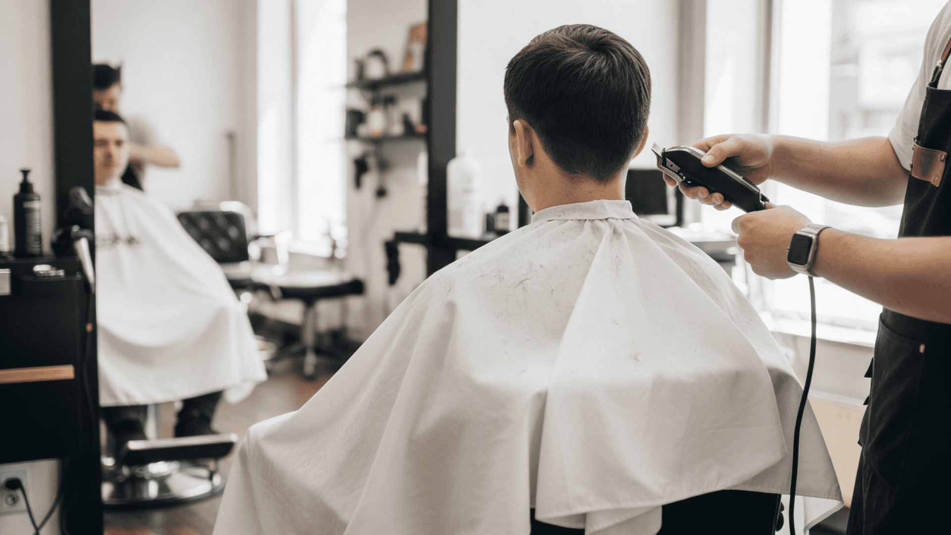 Barber trimming a client's short haircut with electric clippers while the client is covered in a white protective cape