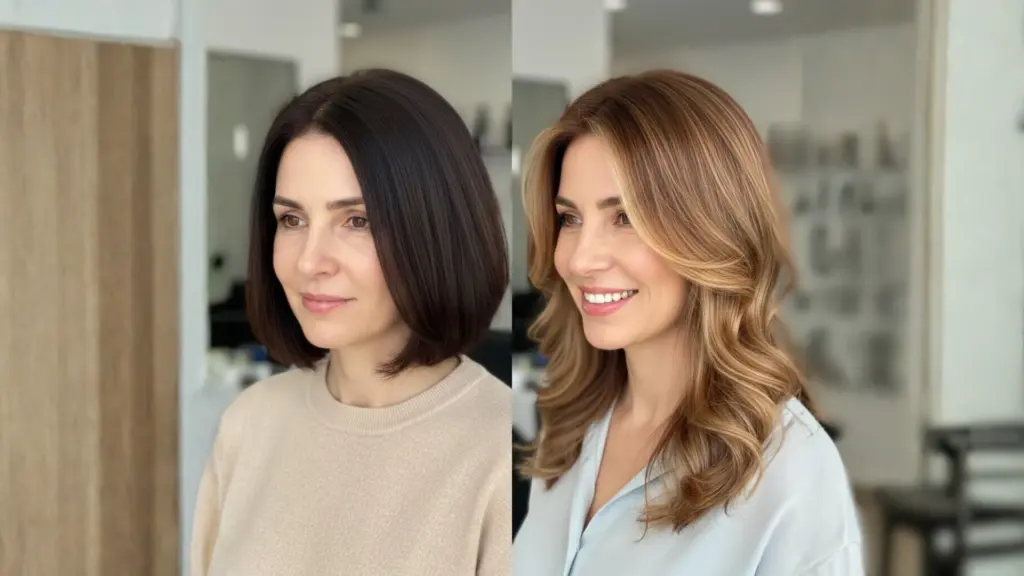 Before and after showing a woman looking much younger after getting balayage