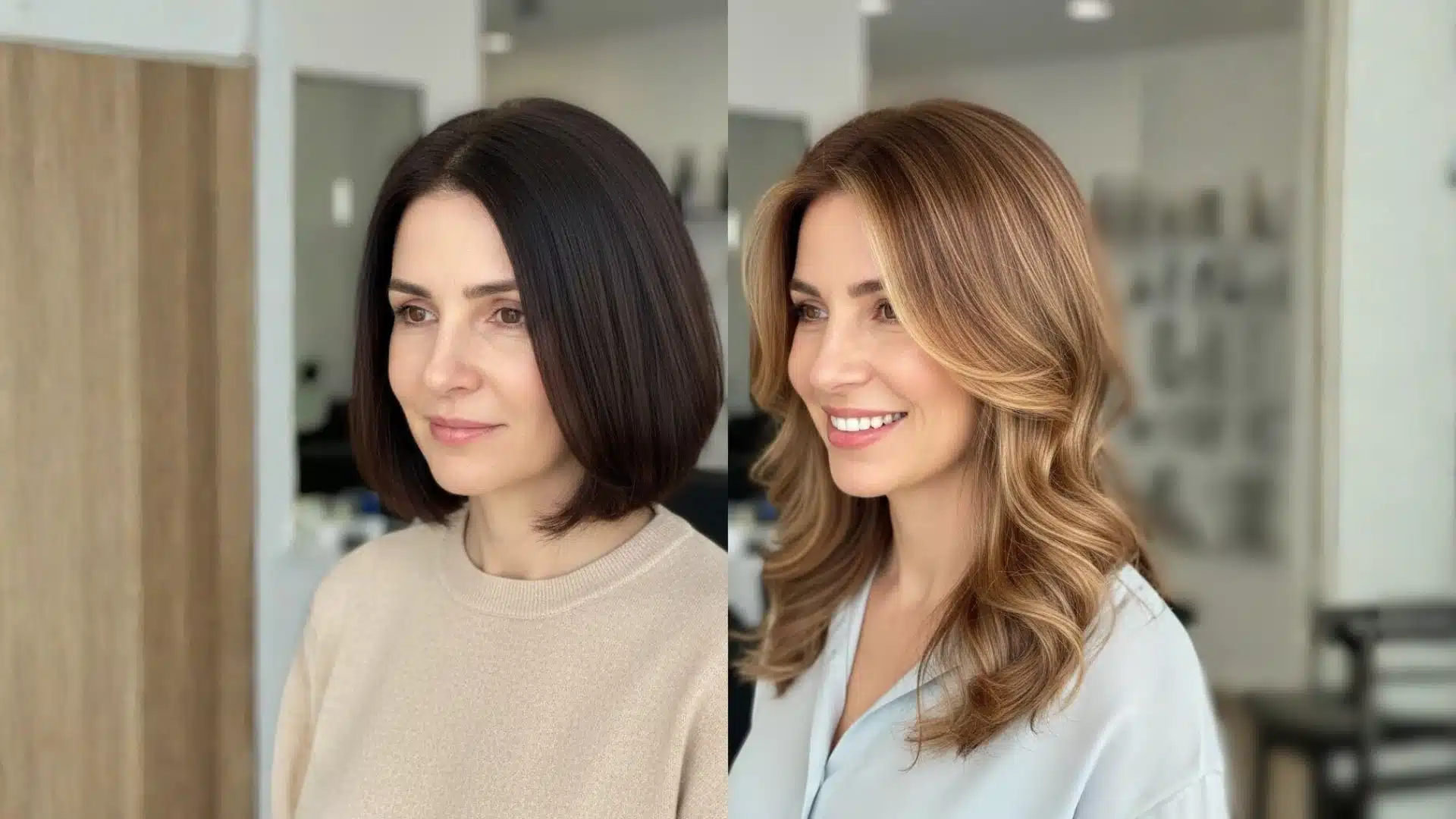 Before and after showing a woman looking much younger after getting balayage