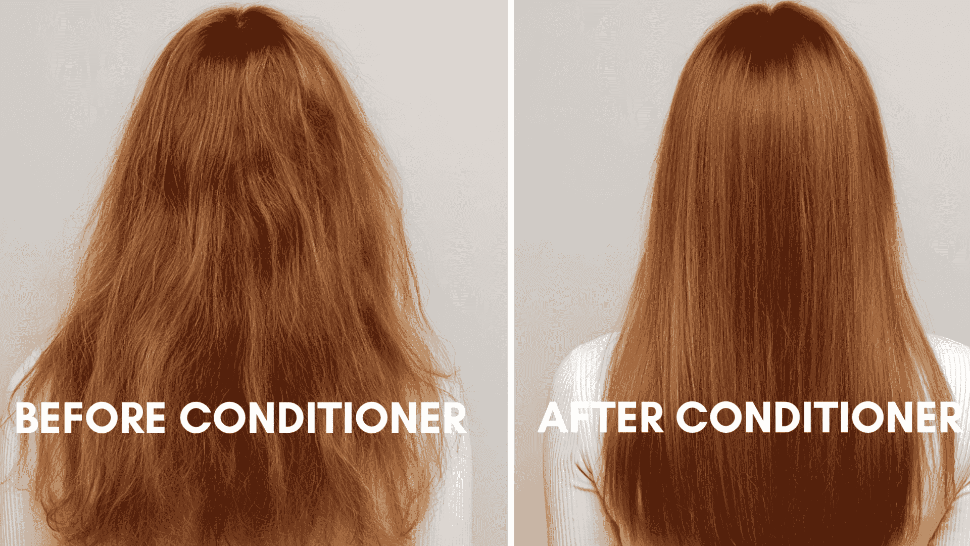 Before and after side by side comparison of red hair showing frizzy messy locks on left and smooth sleek hair on right