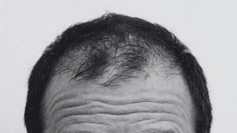 Black and white close-up of a man's receding hairline and wrinkled forehead against a light background.
