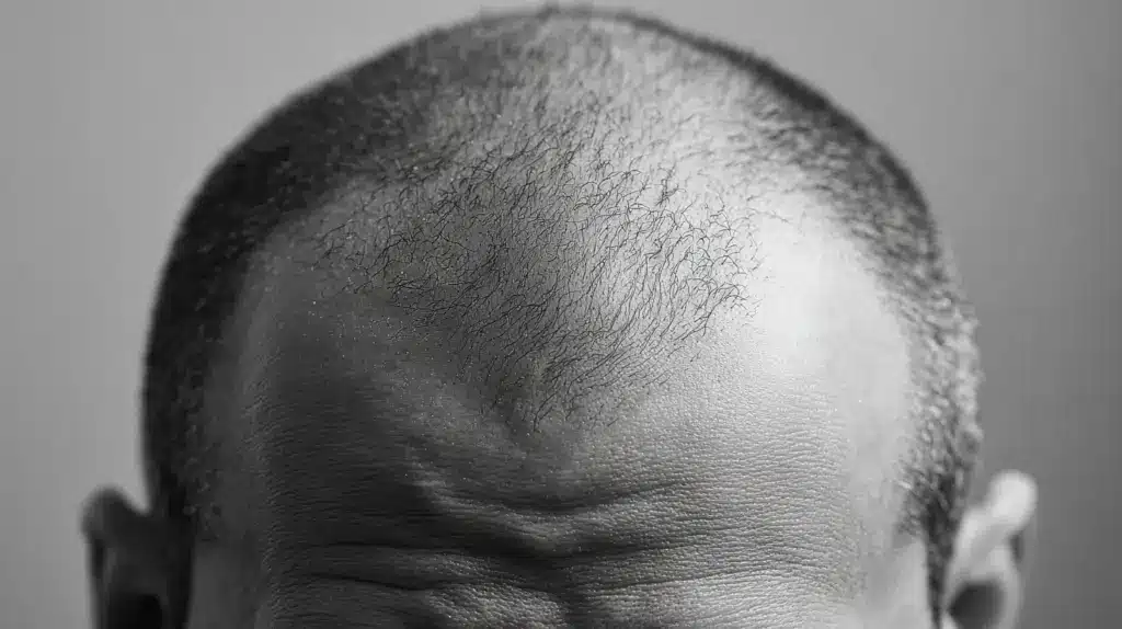 Black and white close-up of male scalp with visible thinning at the crown, showing androgenetic alopecia pattern hair loss.