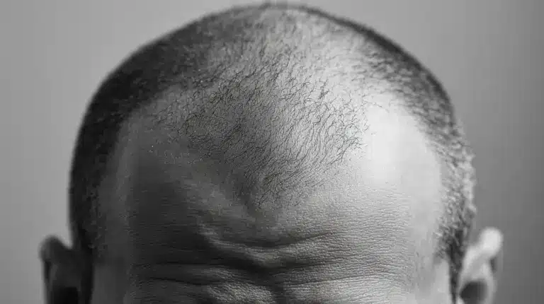 Black and white close-up of male scalp with visible thinning at the crown, showing androgenetic alopecia pattern hair loss.