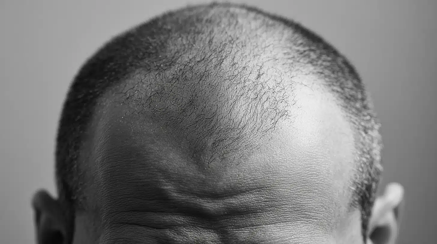 Black and white close-up of male scalp with visible thinning at the crown, showing androgenetic alopecia pattern hair loss.