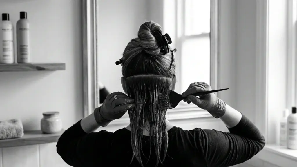 Black and white image a woman applying dye in the lower section for peekaboo underdye