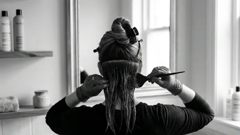 Black and white image a woman applying dye in the lower section for peekaboo underdye
