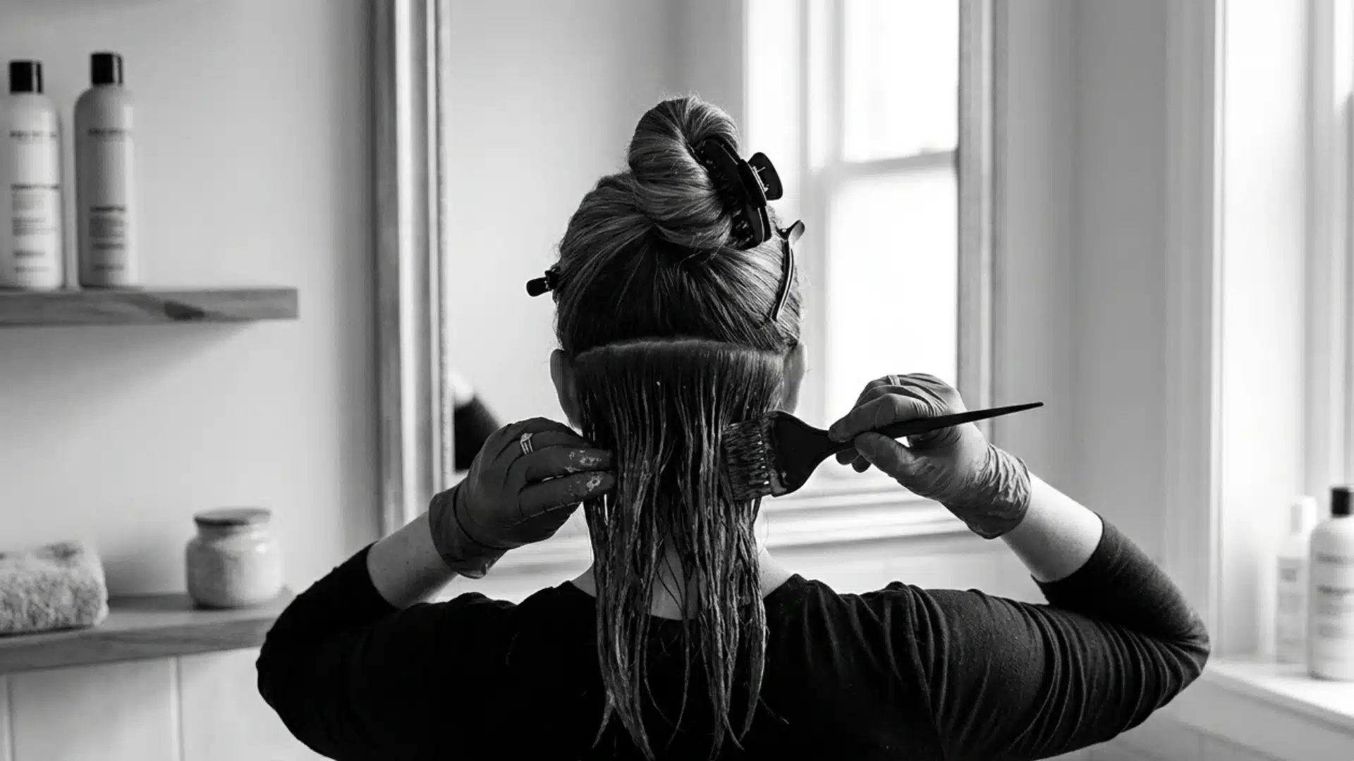 Black and white image a woman applying dye in the lower section for peekaboo underdye