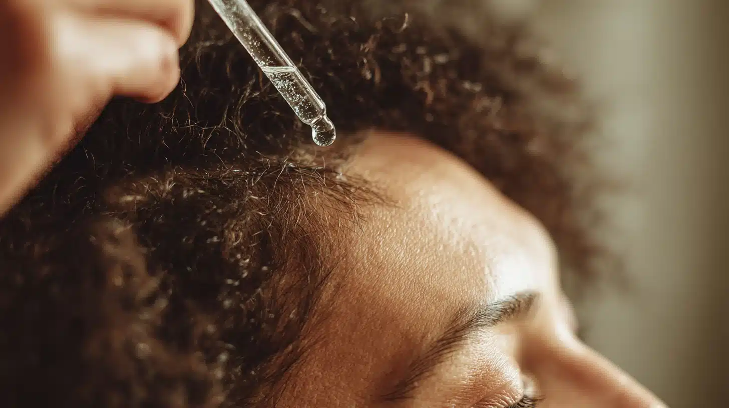 Close-up of a dropper applying nourishing oil to a man's scalp and curly hair to support reopening hair follicles naturally with oils and vitamins