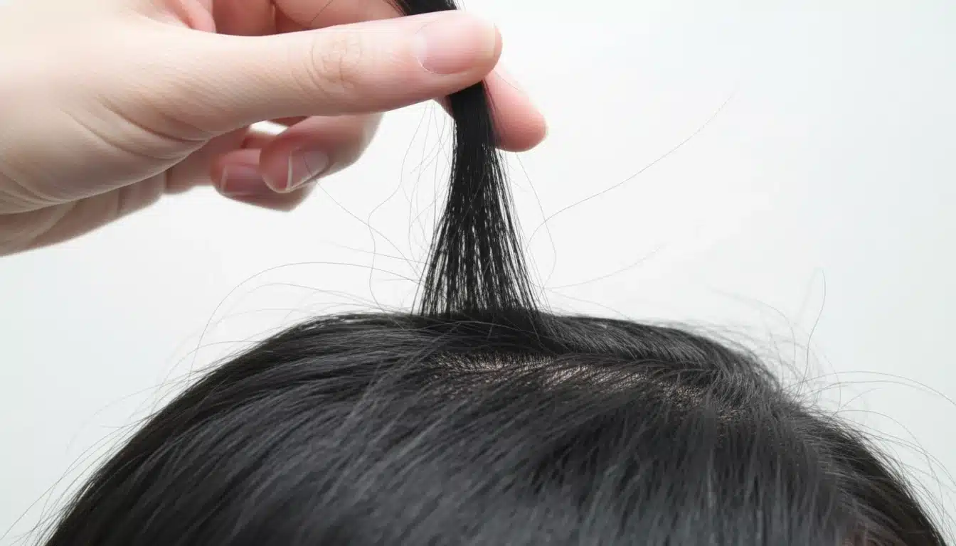 Close-up of a hand pulling a small section of dark hair away from the scalp against a bright white background for hair pull test