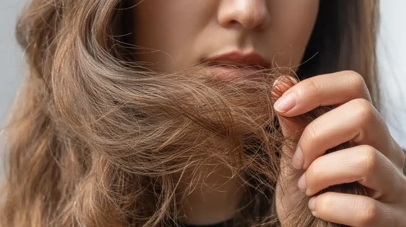 Close-up of a person examining a lock of dry, frizzy brown hair with their fingers near their mouth