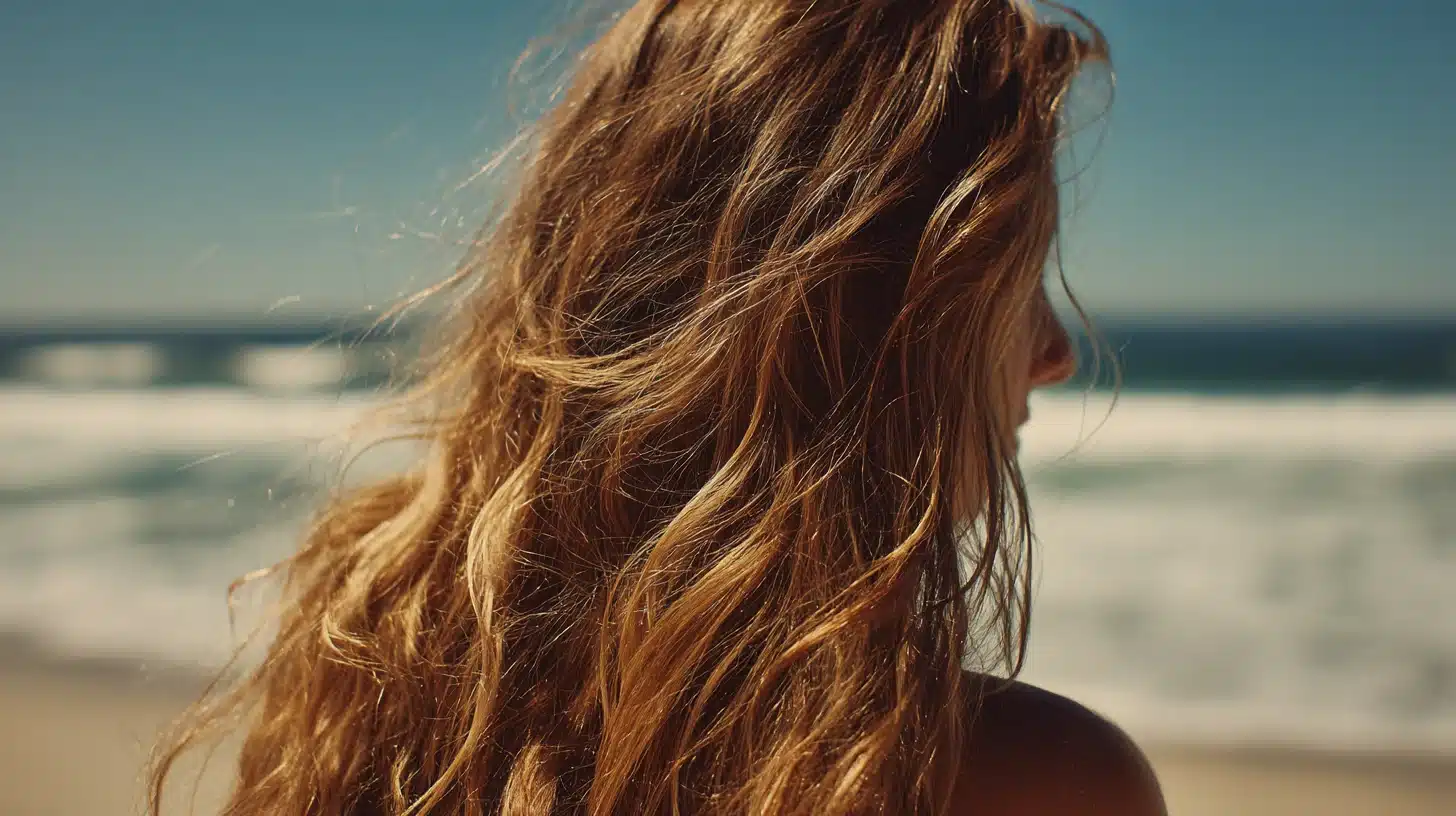 Close-up of a woman at the beach with dry frizzy hair due to ocean water, strands rough and windblown against the sea backdrop
