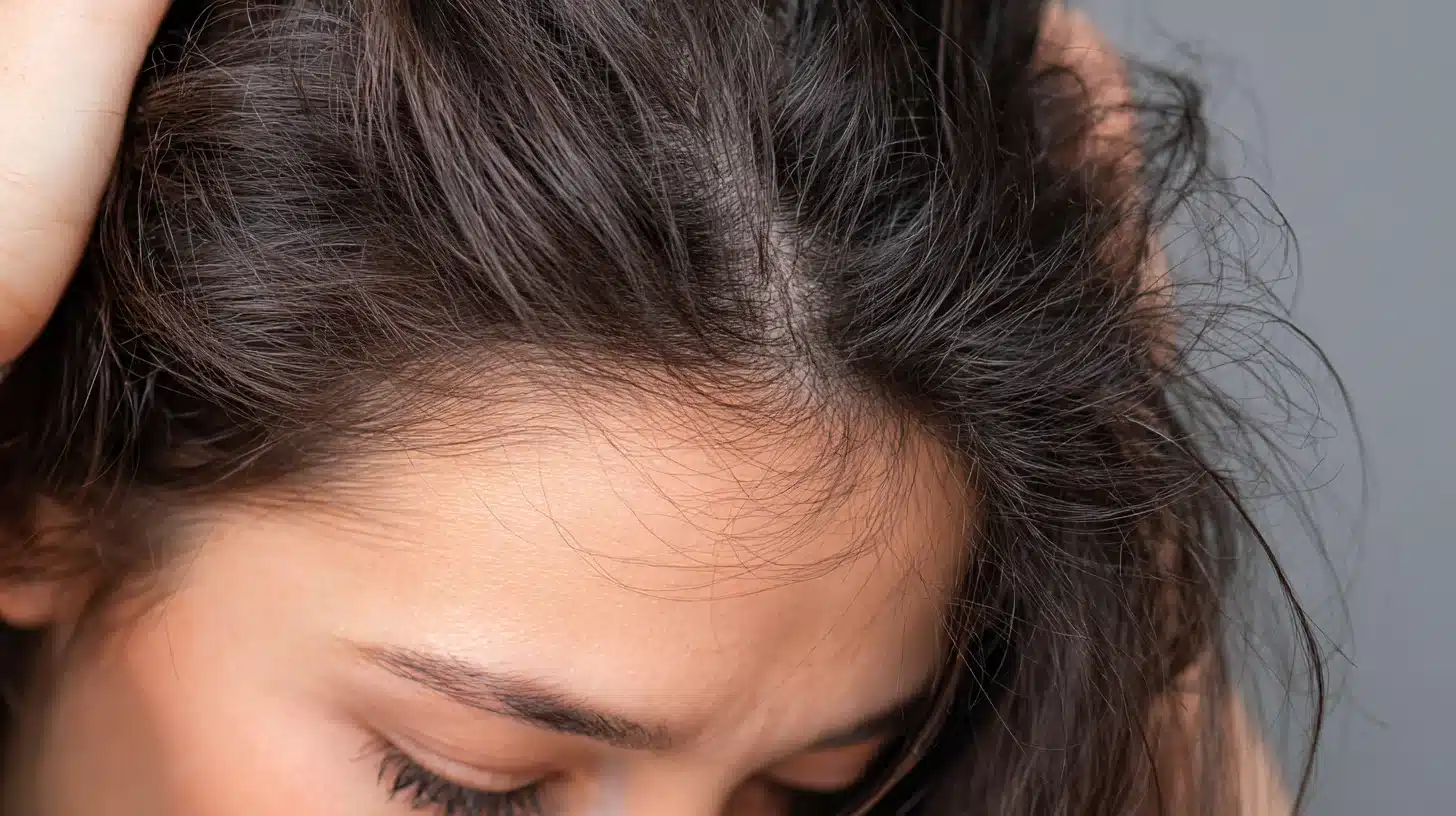 Close-up of a woman’s scalp and hair part showing thinning hair, illustrating hair follicle concerns and natural regrowth care.