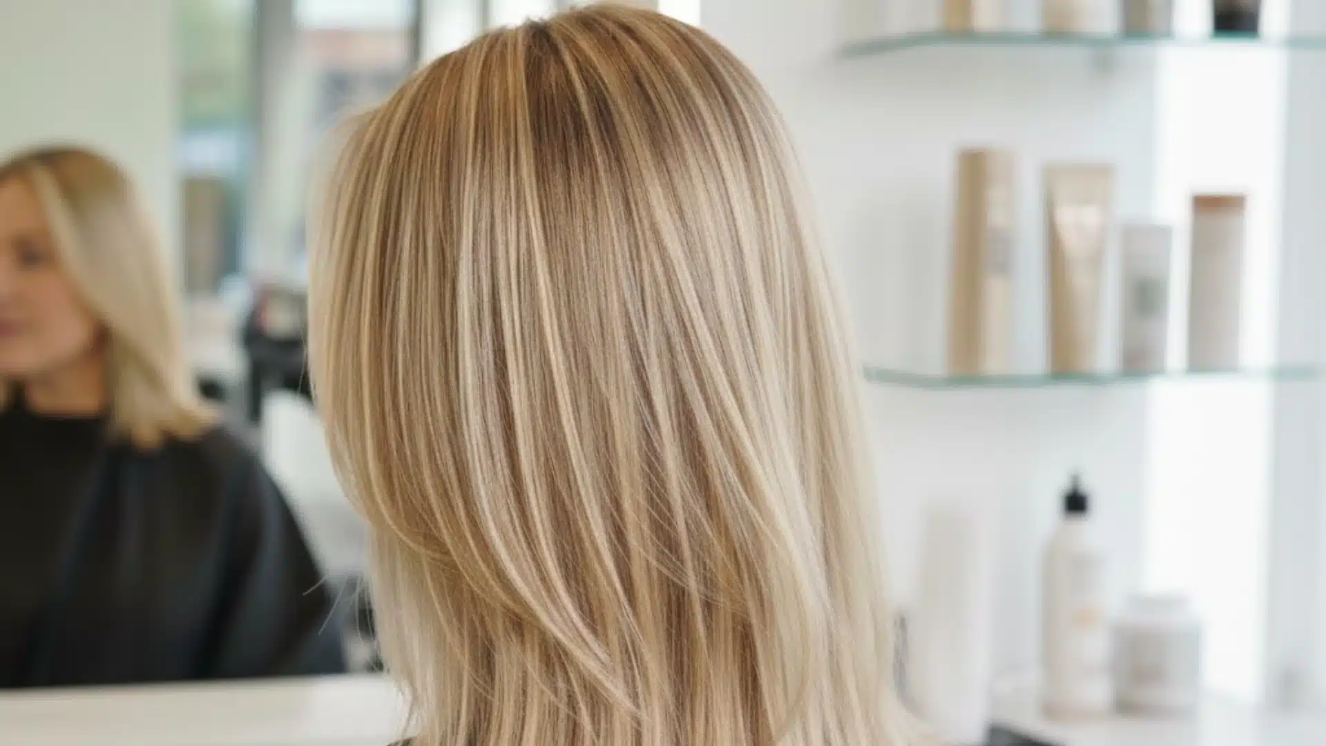 Close-up of blonde highlighted hair with a woman reflected in a blurred mirror in the background of a bright salon setting
