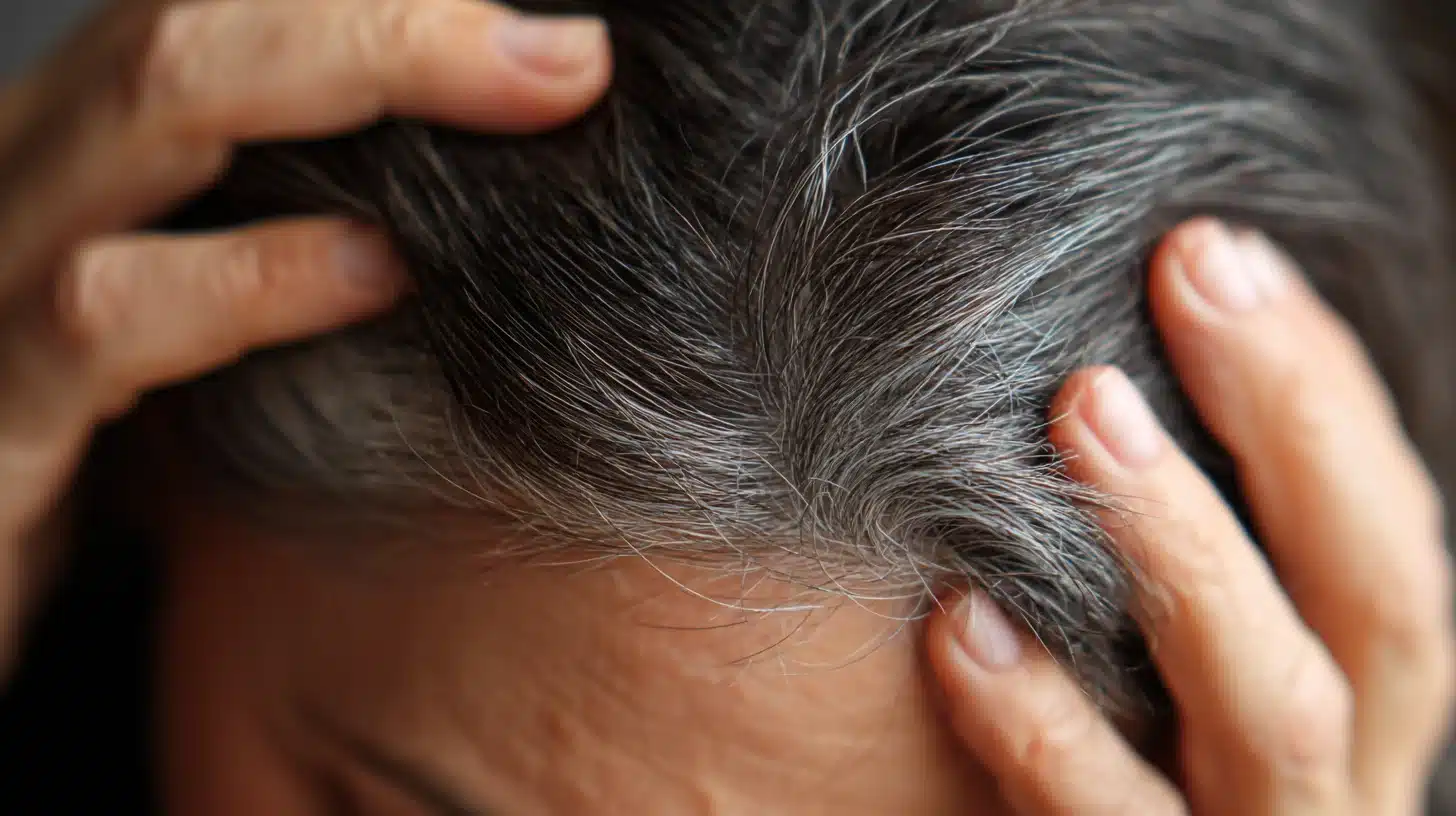 Close-up of dark hair showing prominent silver and gray roots as a person touches their scalp