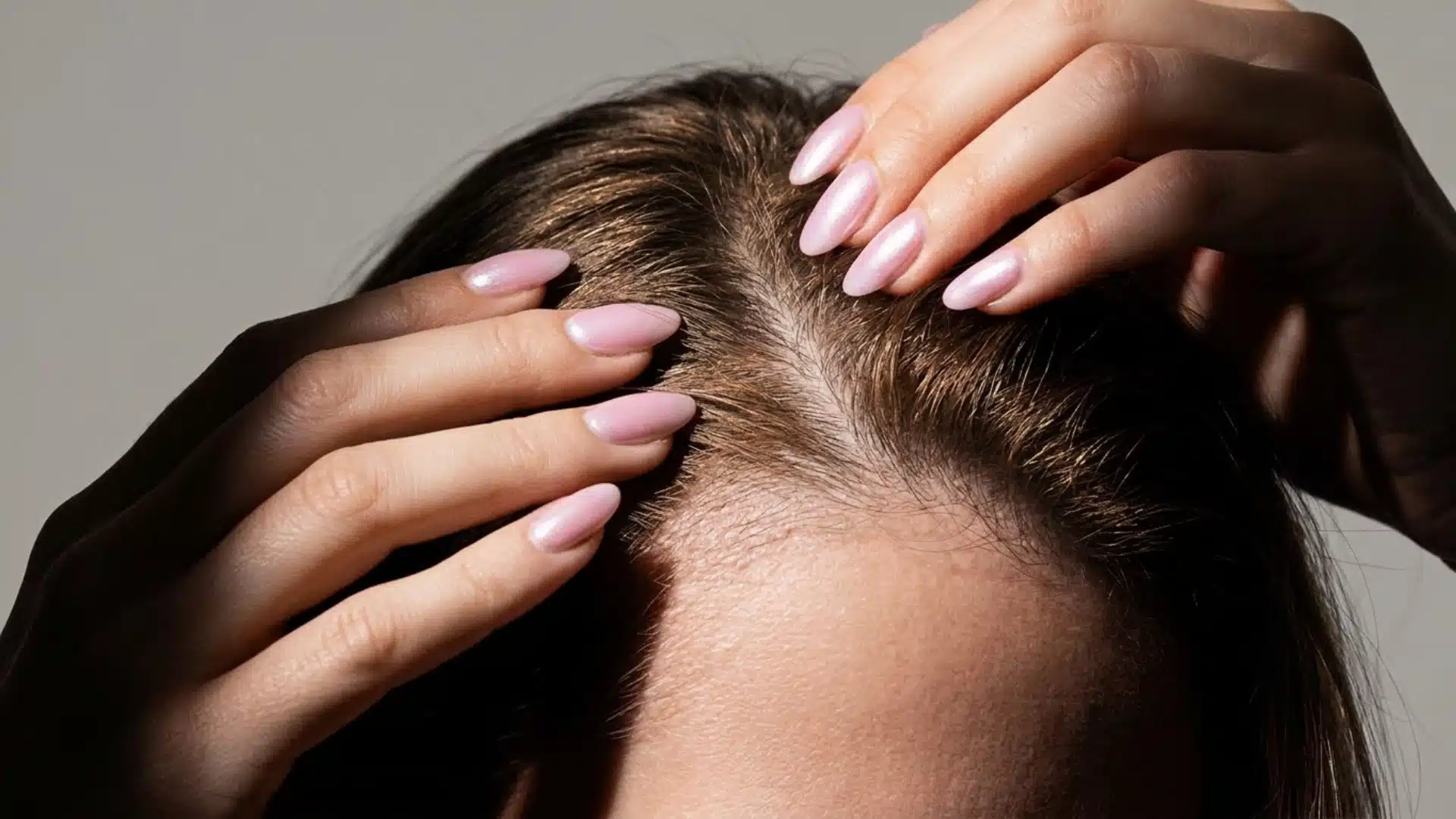 Close-up of hands with pale pink nails examining the parting and roots of brown hair on a person’s scalp
