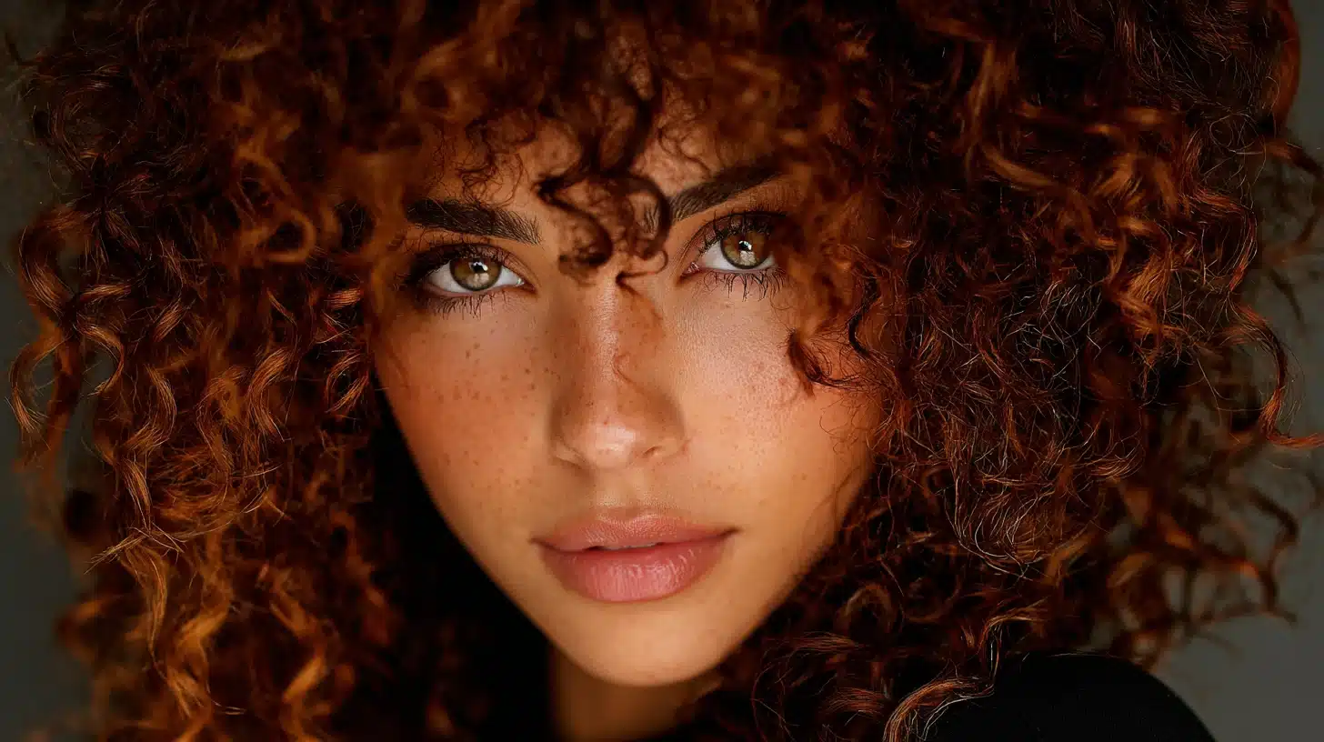 Close-up portrait of a woman with voluminous, auburn curly hair, hazel eyes, and freckles across her nose and cheeks