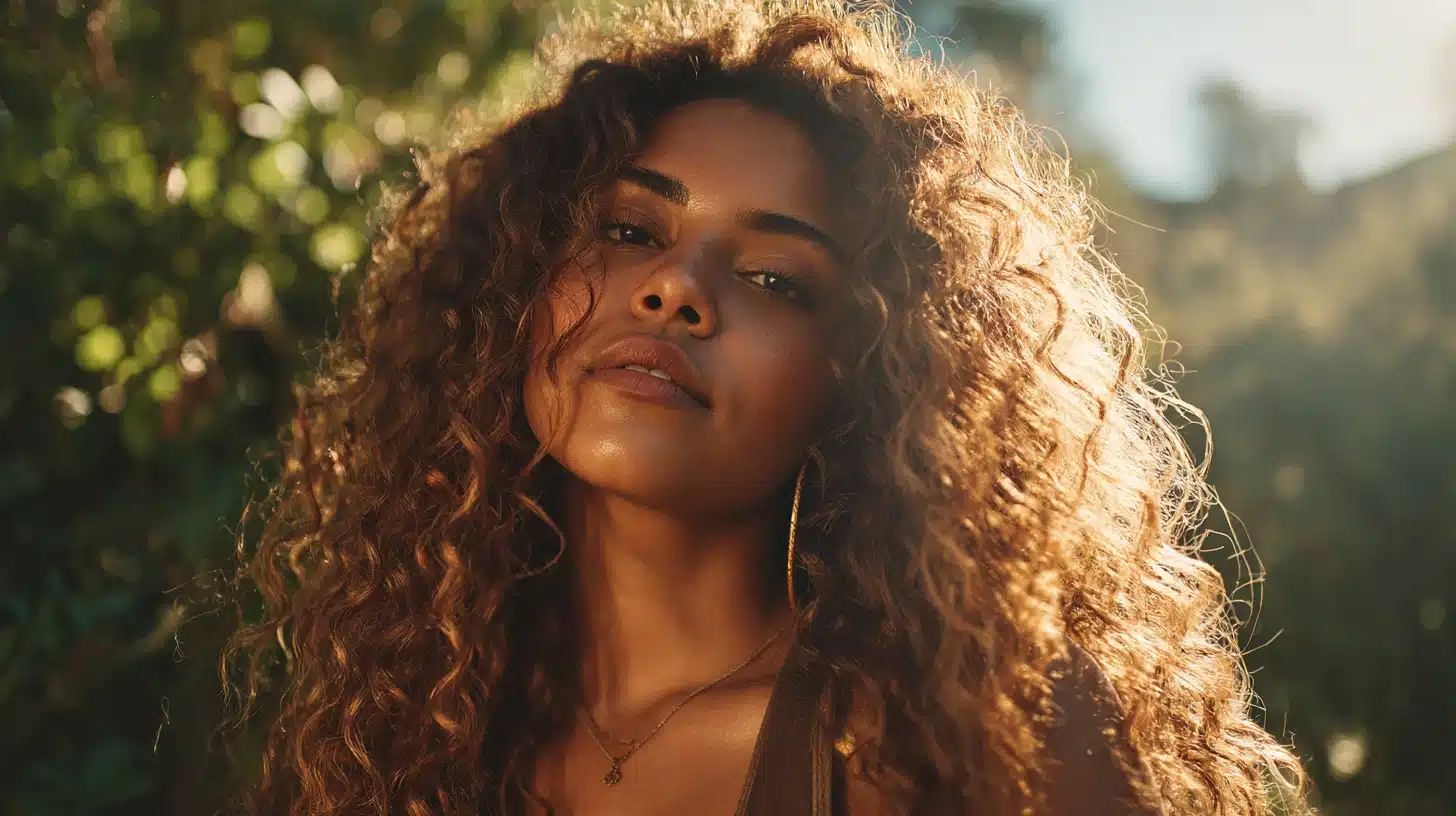 Close-up portrait of a young woman with voluminous curly brown hair with backlit by bright sunlight outdoors against a blurred background