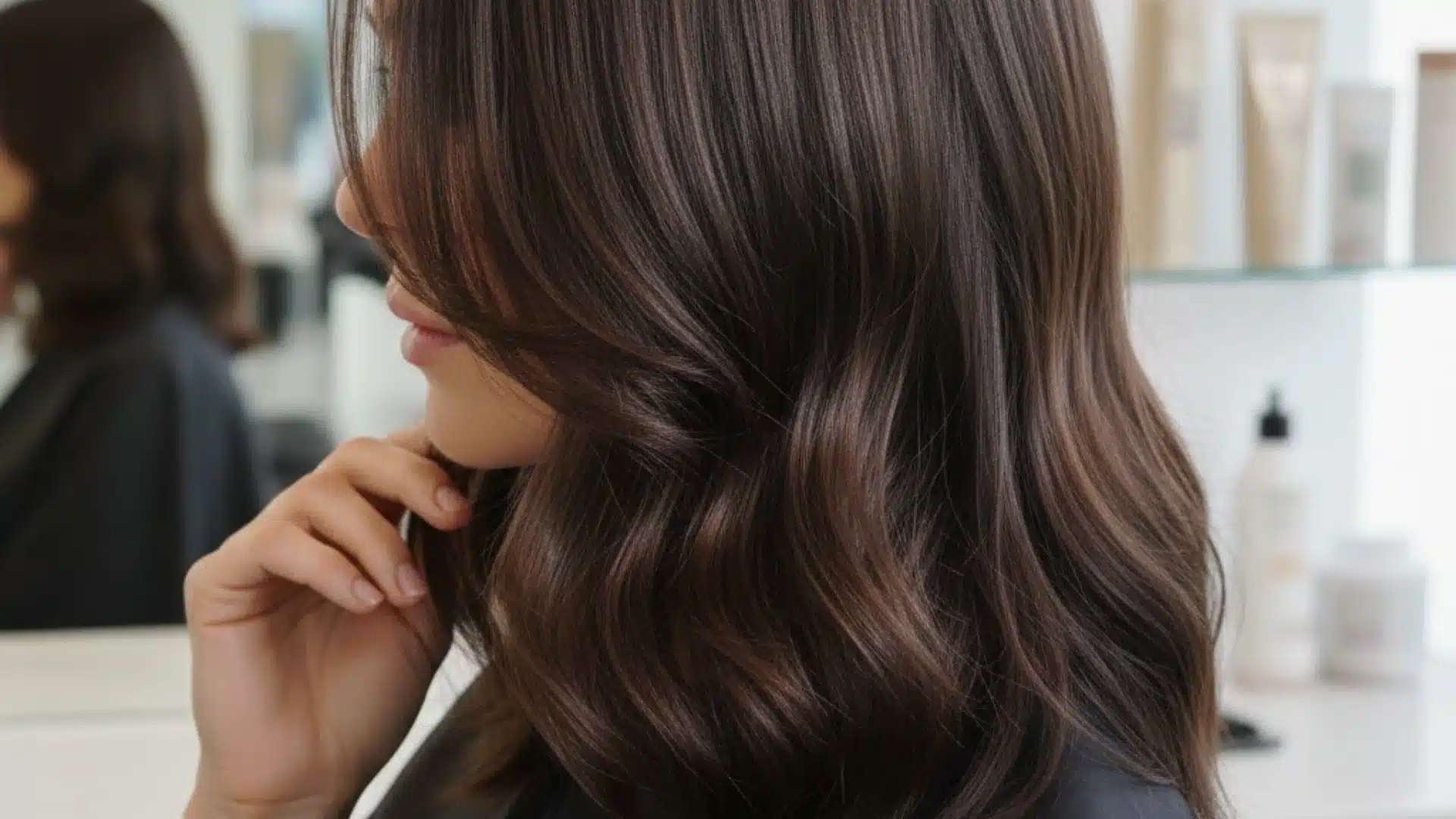 Close-up profile of a woman with rich, wavy dark brown hair, lightly touching her chin in a brightly lit salon setting