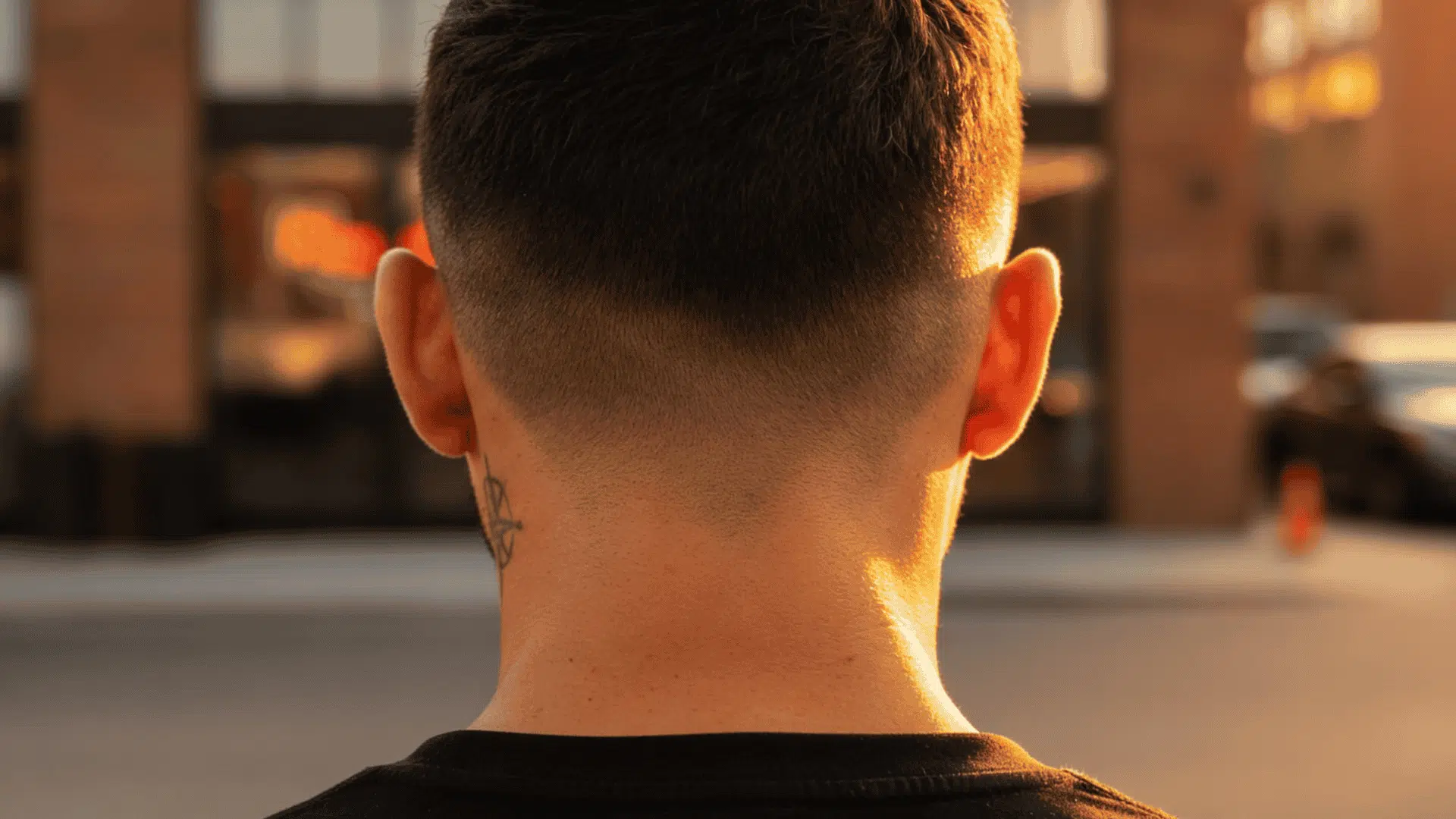 Close-up rear view of a man with a faded haircut and a small compass tattoo on his neck, backlit by golden sunlight outdoors
